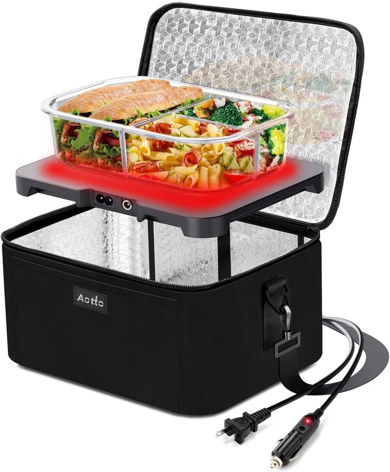 Aotto Portable Oven, Electric Lunch Box Food Heater - 12V/24V/110V 3-in-1 Car Food Warmer - Mini Personal Microwave Heated Lunch Box Warmer for Car, Truck, Travel, Office & Home Use - Black - Image 1
